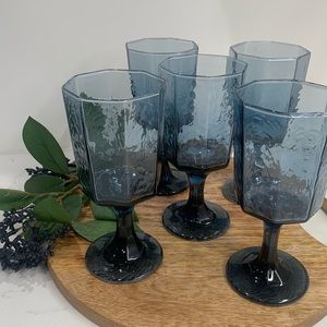 Vintage Libbey Blue Facets Water Iced Tea Goblets | Blue Stemmed Ripple Stemware